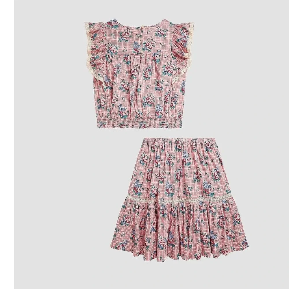 Polo Ralph Lauren Kids Pink Floral Grid Ruffle Top and Skirt Set Size 14